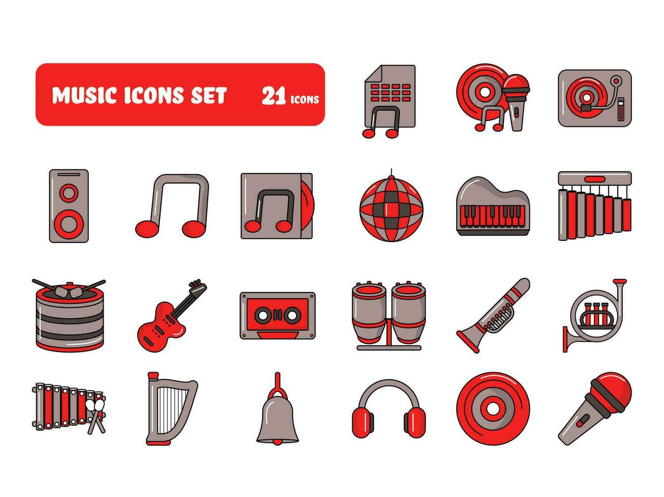 Flat Style Music Icon Set In Red And Taupe Color. vector