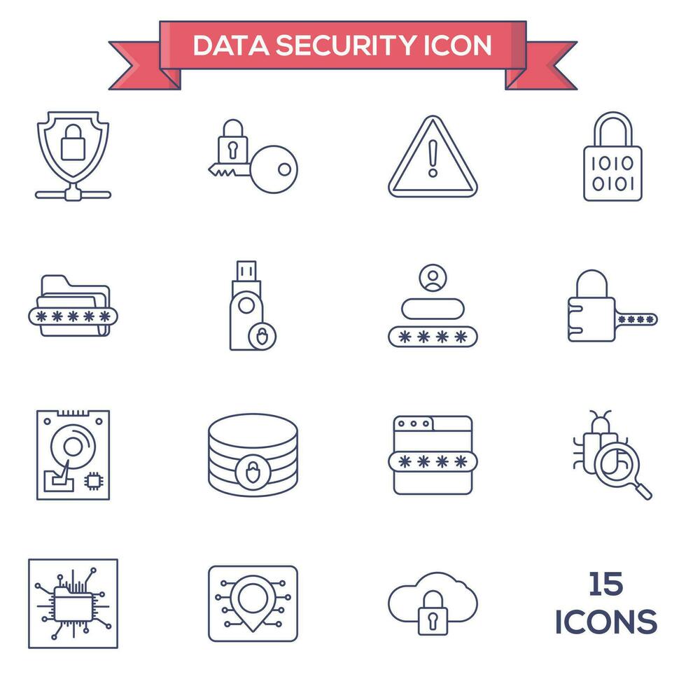 Flat style 15 Data Security Icon Set in Blue line art. vector