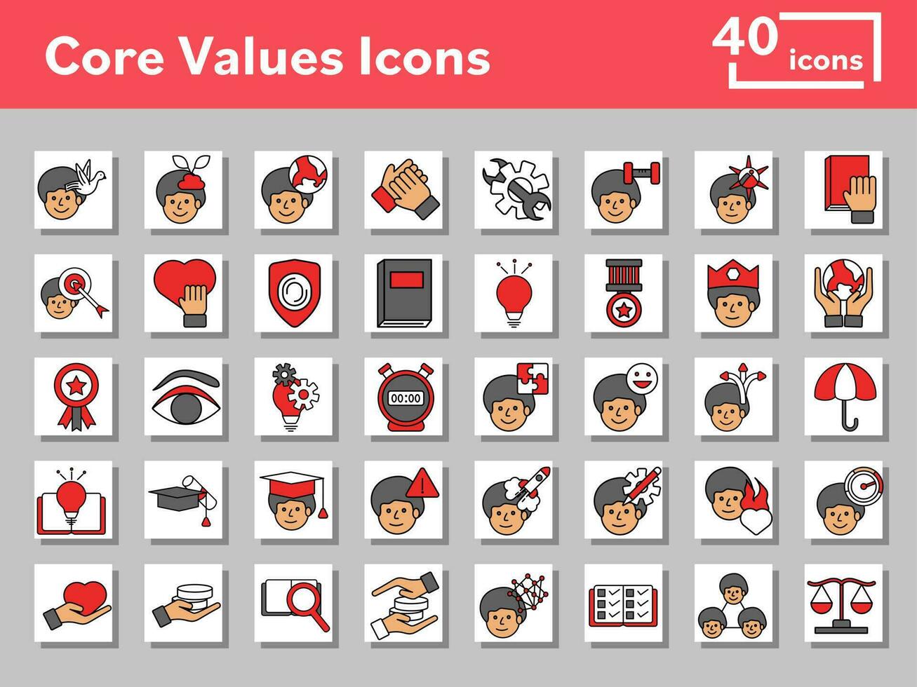 Colorful Set Of Core Values Flat Icon Or Symbol On Square Background. vector