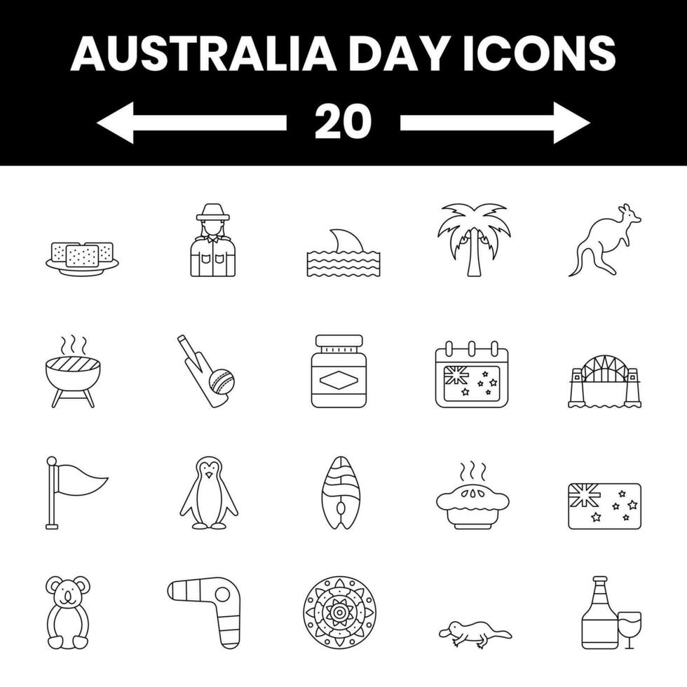 Black Outline Australia Day Icon Or Symbol Set. vector