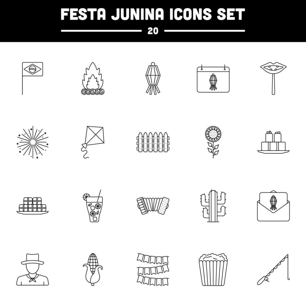 20 Festa Junina Black Stroke Icon Set. vector