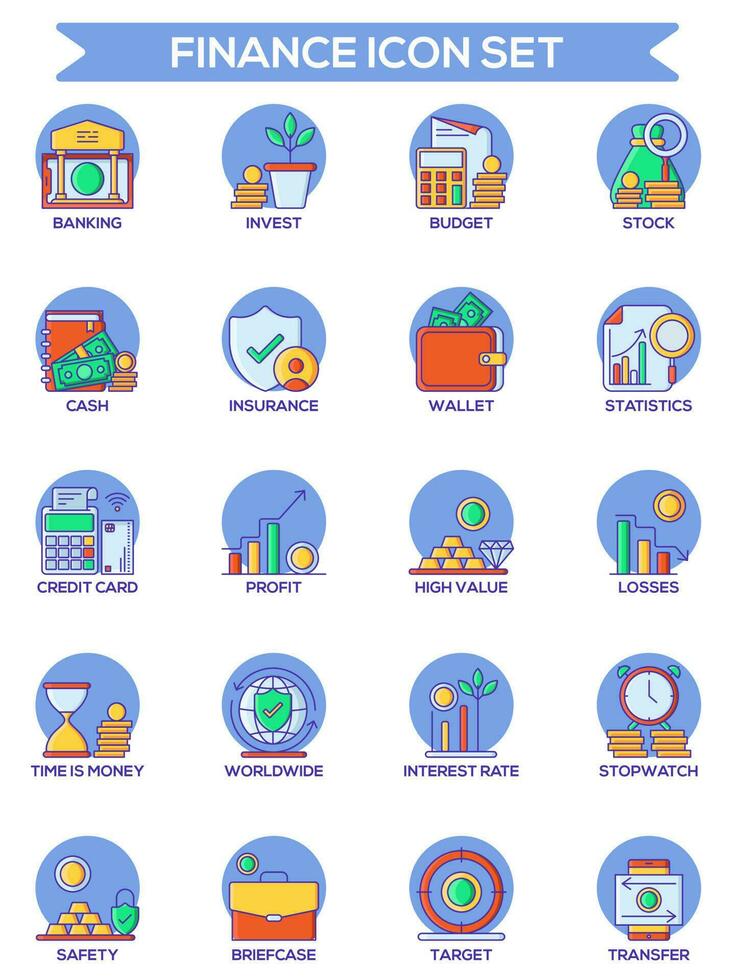 Flat Style Colorful Fintech Icon Pack. vector