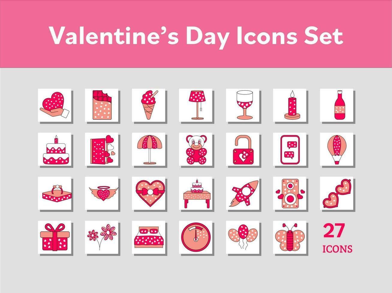 Pink And White Valentine's Day Flat Icon Set On Square Background. vector