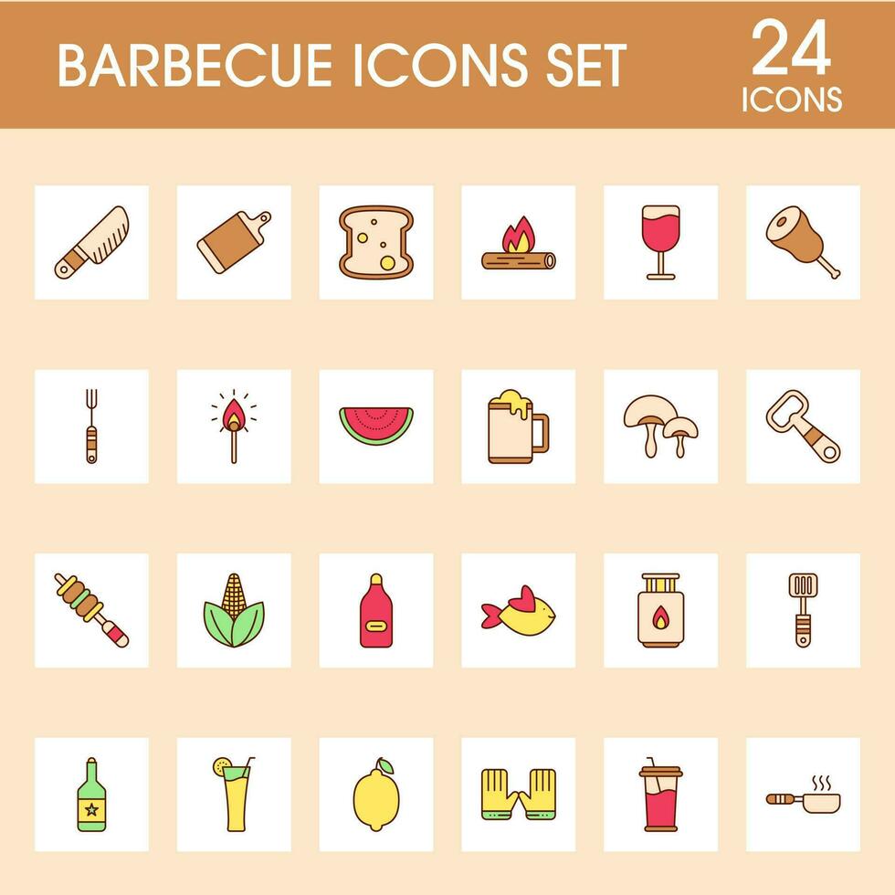 Colorful Set Of Barbecue Sqaure Icons In Flat Style. vector