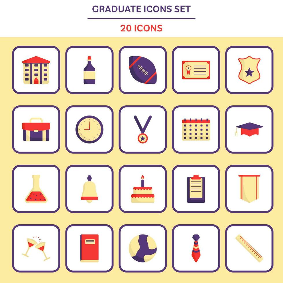 Flat Style Graduate Icon Set On White And Yellow Square Background. vector