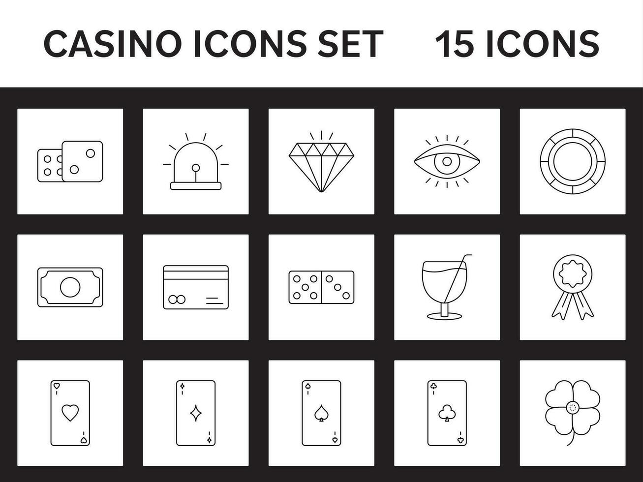 15 Lineart Casino Icon Set On Black And White Sqaure Background. vector