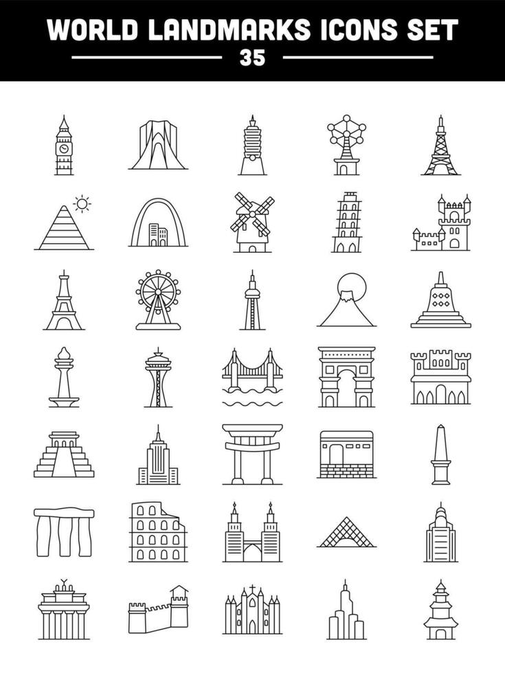 Black Line Art Set Of World Landmarks Icon In Flat Style. vector