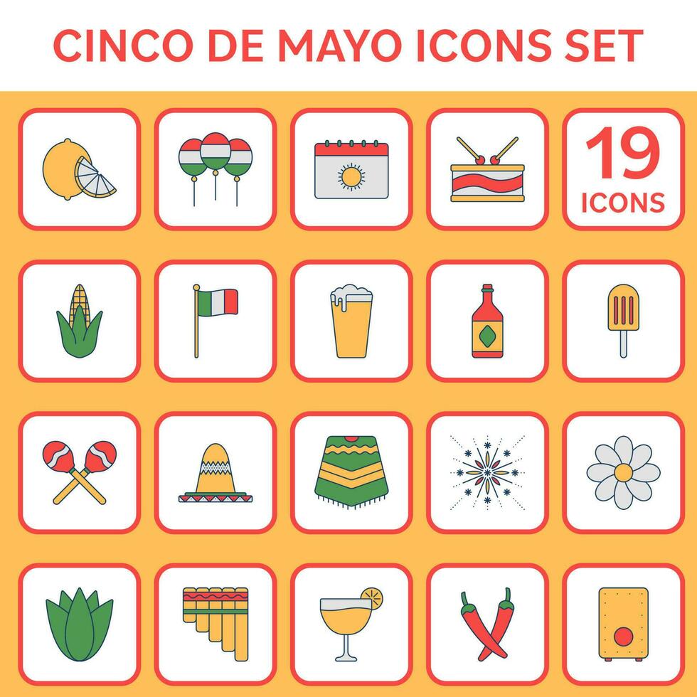 Flat Style Cinco De Mayo Icon Set On Orange And White Square Background. vector