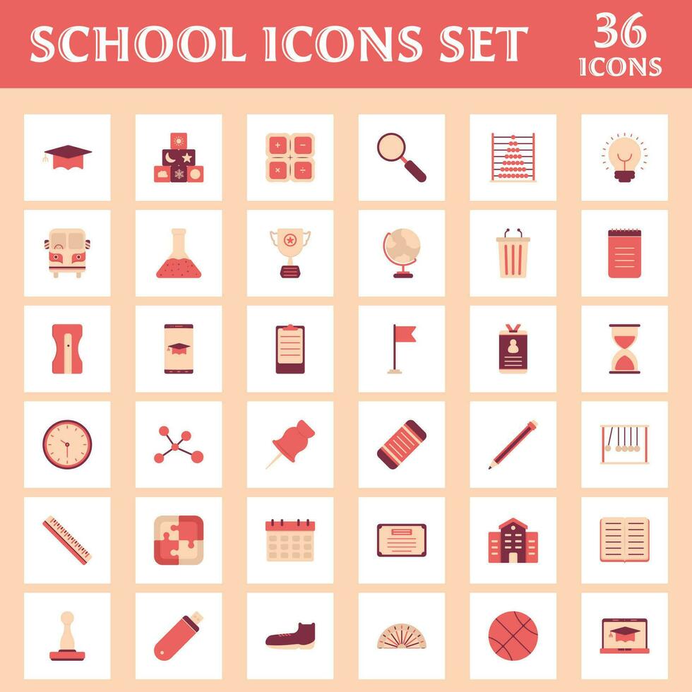 Flat Style 36 School Icon Set On Peach And White Square Background. vector