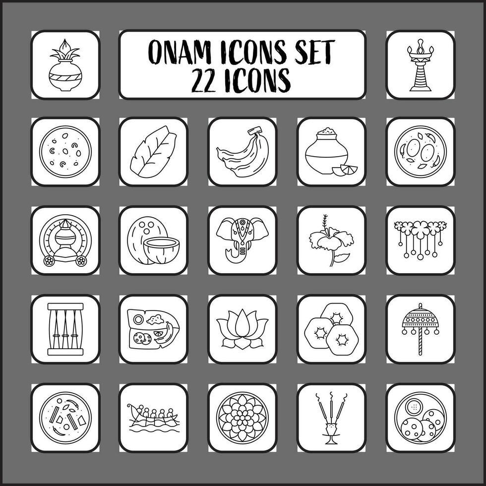 Black Linear Style Onam Festival Icon Or Symbol Set. vector