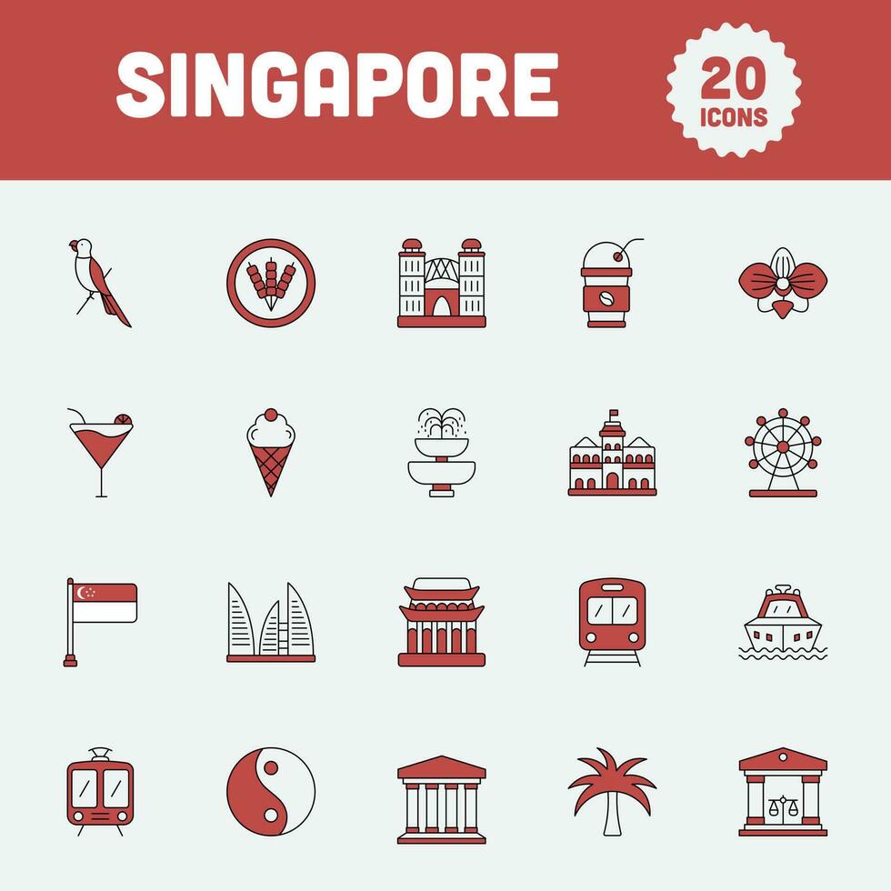 Flat Style Singapore 20 Icon Set In Brown And White Color. vector