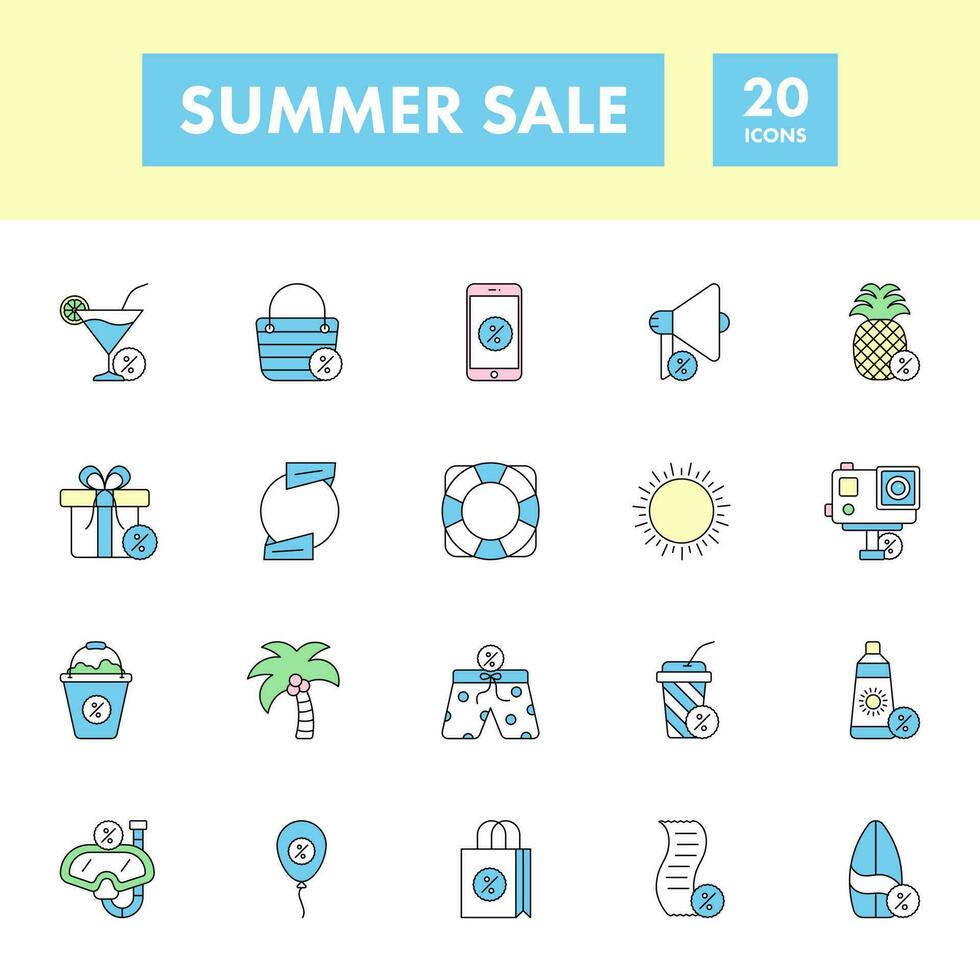 Colorful Summer 20 Icon In Flat Style. vector