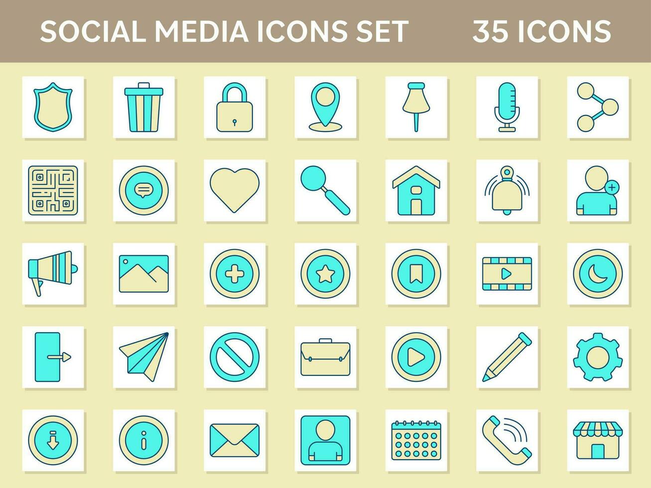 Turquoise And Yellow Social Media 35 Flat Icon Set. vector