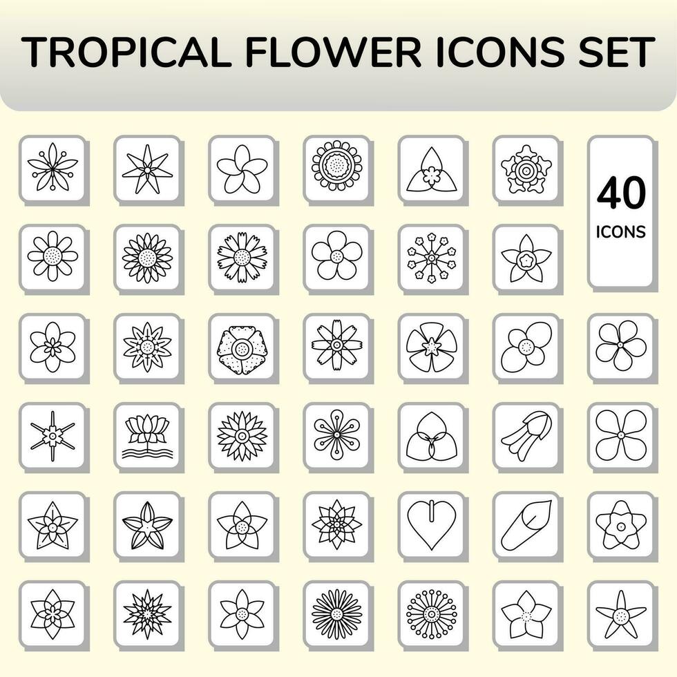 Tropical Flower Linear Icon Set In Flat Style. vector