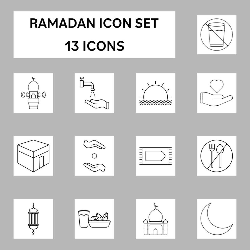 13 Ramadan Line Art Icon Set On Grey And White Square Background. vector