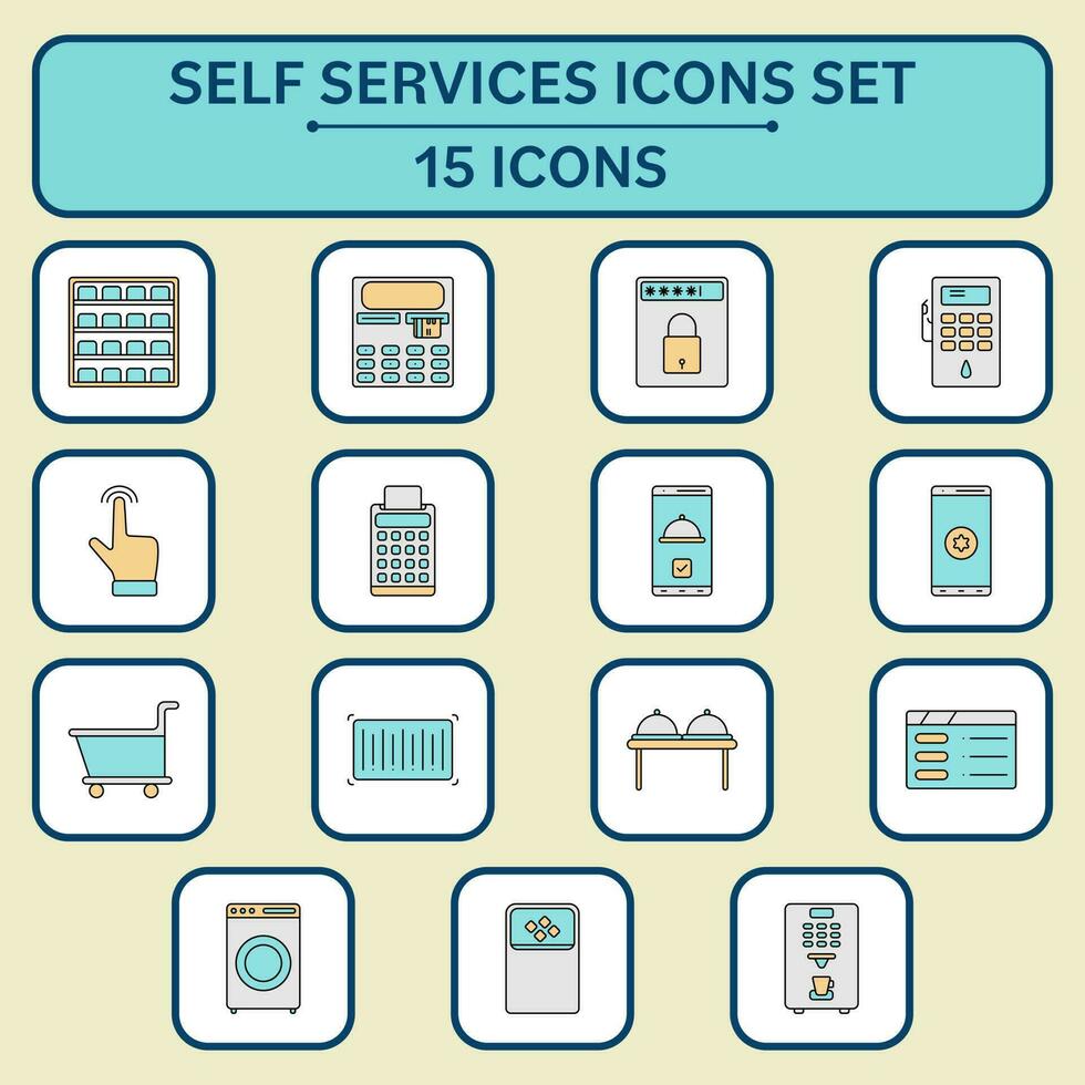 Flat Style Self Service Icon Set On White And Yellow Square Background. vector