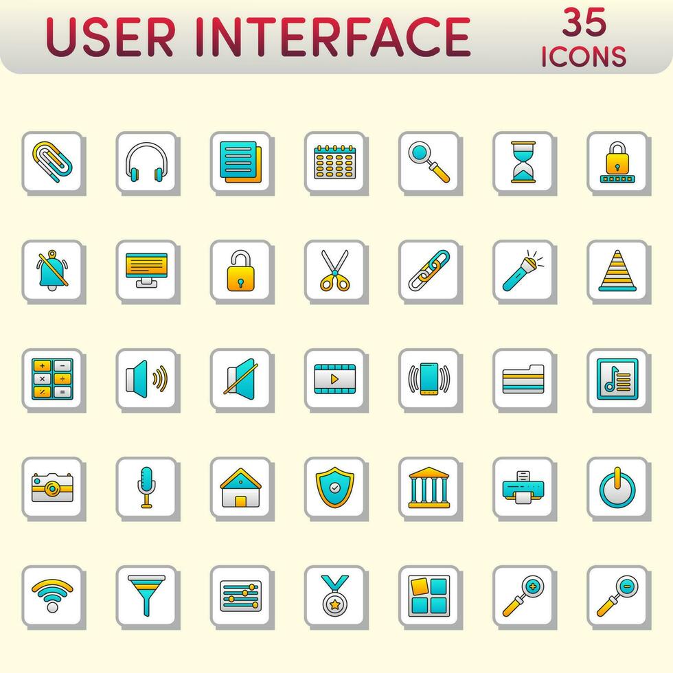 User Interface Blue and Yellow Icon Set On Square Background. vector
