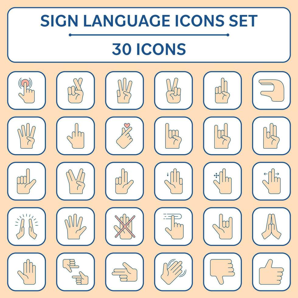 Flat Style 30 Hand Sign Language Icon Or Symbol Set. vector