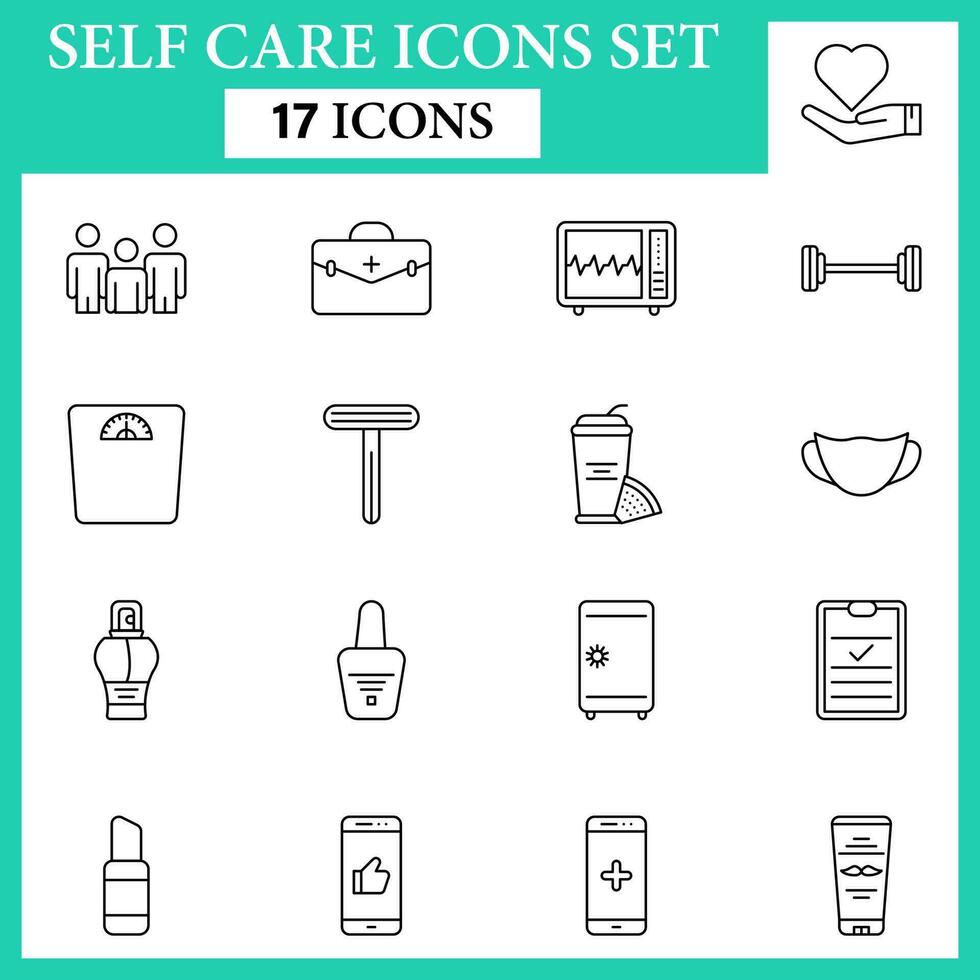 Set Of Black Outline Self Care Flat Icon Or Symbol. vector