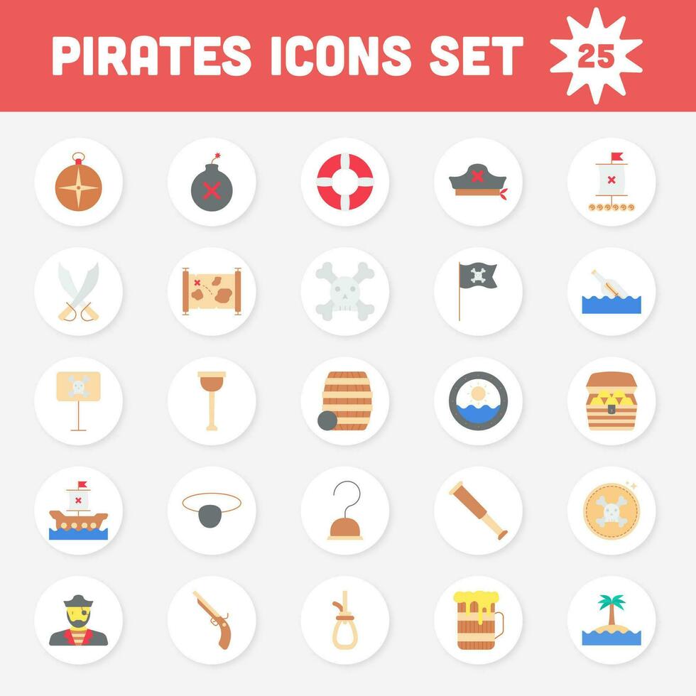 Colorful Pirates Flat Icon Set On Circle Background. vector