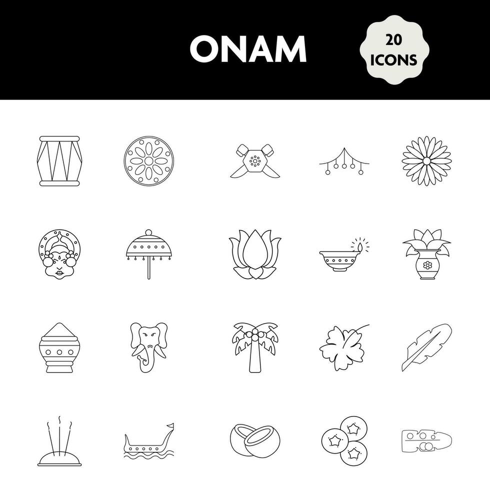 Black Linear Style Onam 20 Festival Icon Set Or Symbol. vector