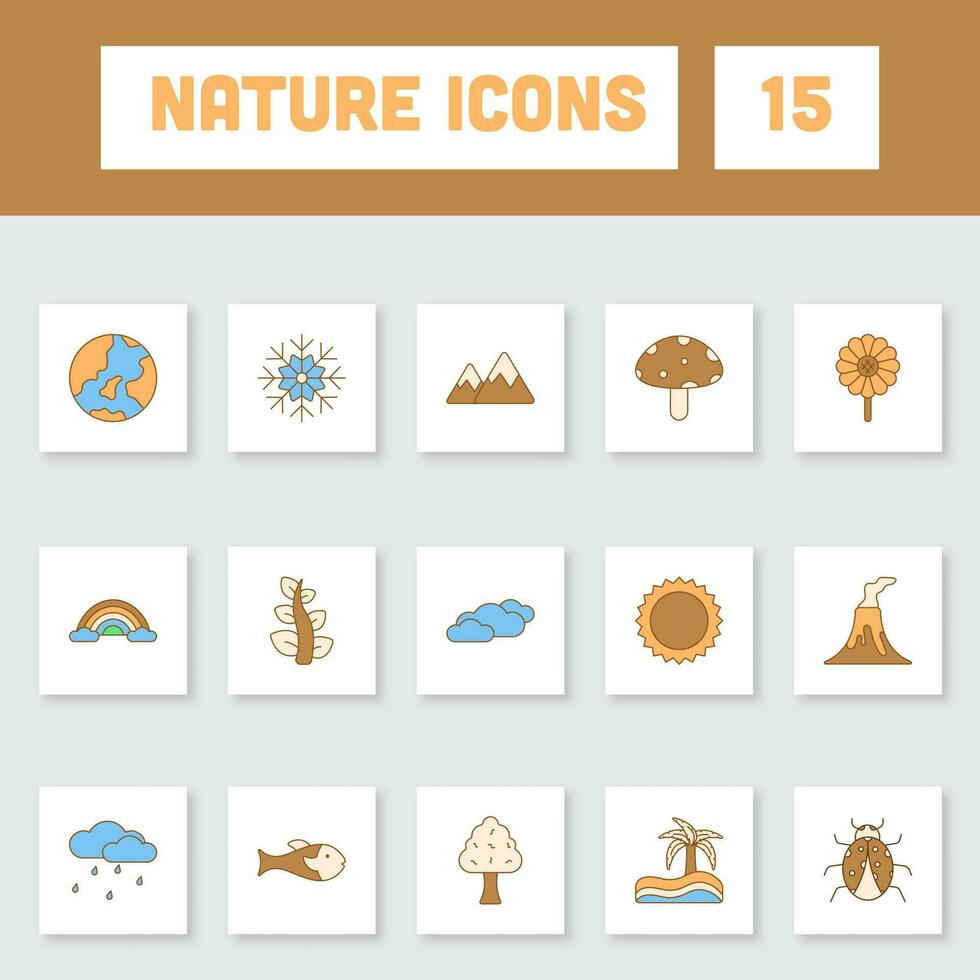 Colorful Nature Icon Set On Square Background. vector