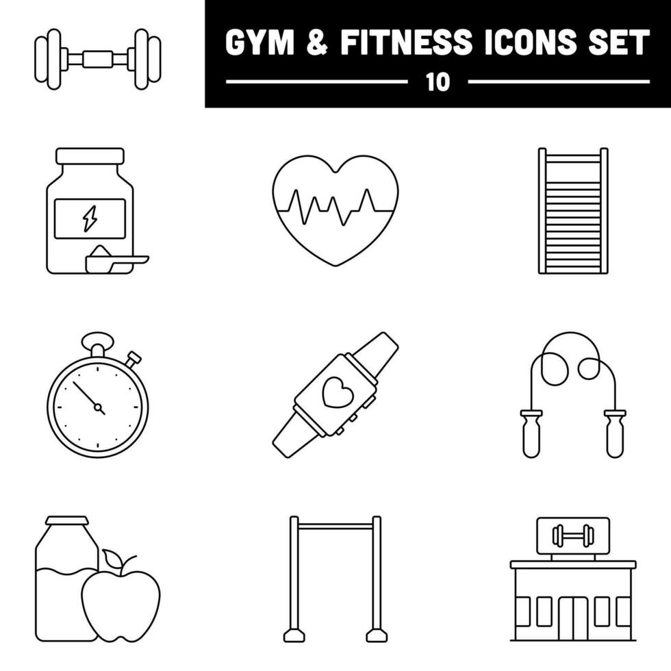 Black Stroke Illustration Of Gym Or Fitness Essential Icon Set. vector