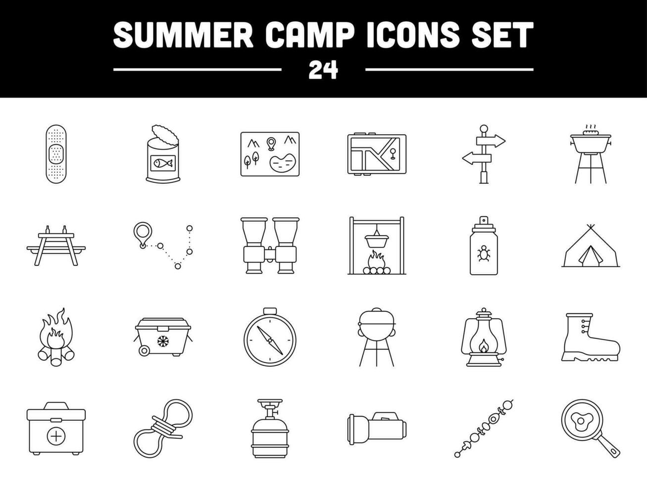 Black Linear Style Summer Camp Icon Or Symbol. vector