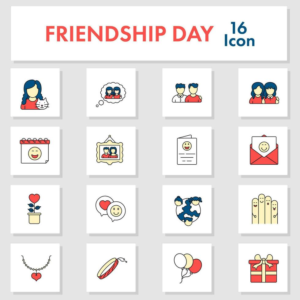 Flat Style Friendship Day Celebration 16 Icon Set. vector