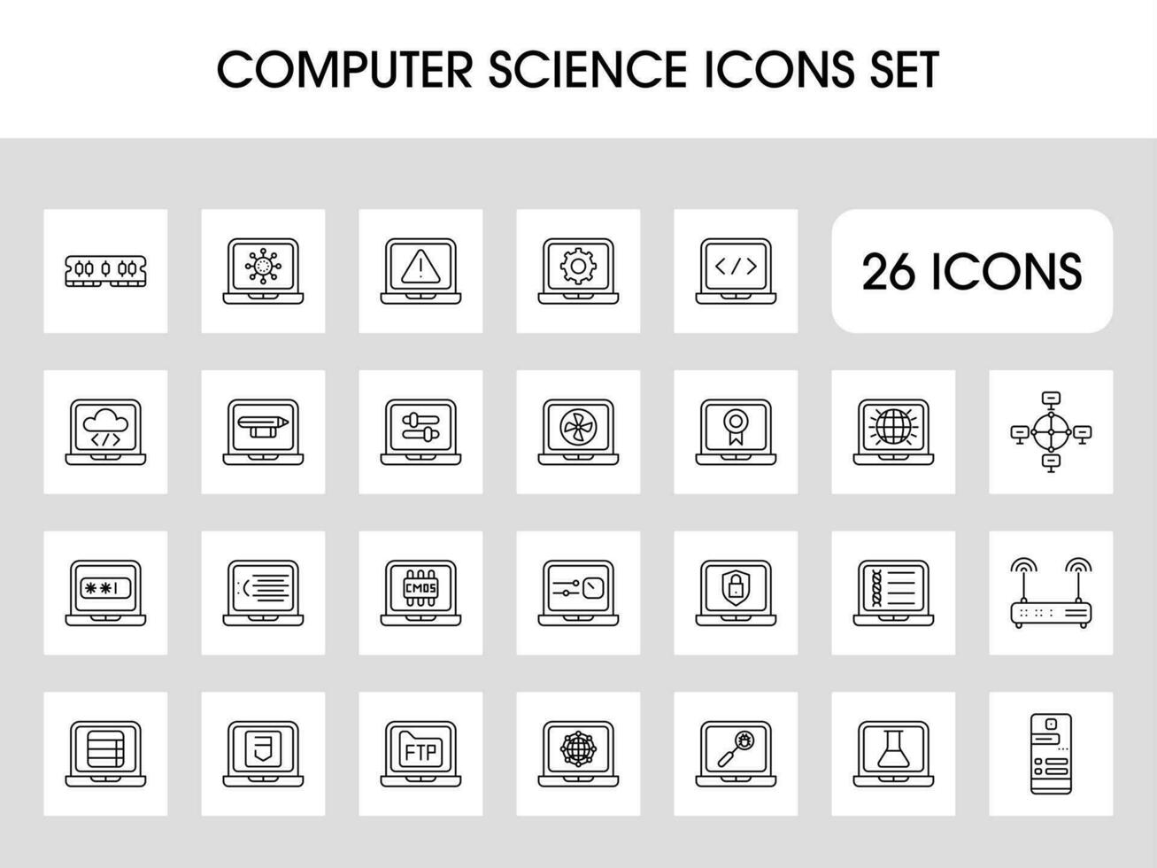 Black Line Art Computer Science Sqaure Icon Set. vector