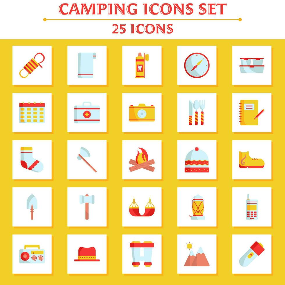 amarillo y rojo ilustración de cámping icono conjunto en plano estilo. vector