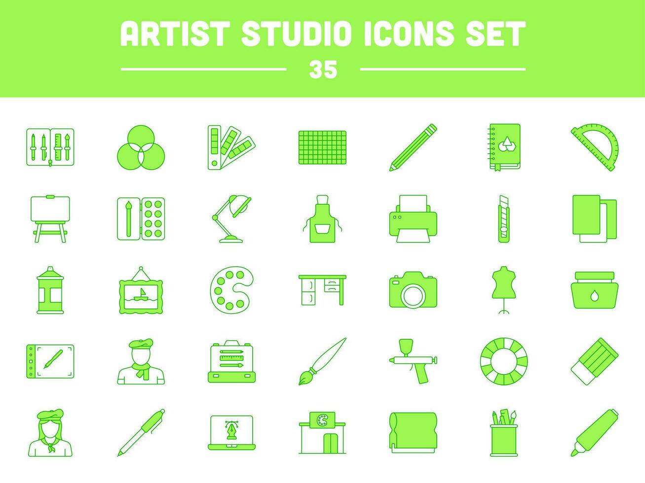 Flat Style Artist Studio Green And white Icon Set. vector