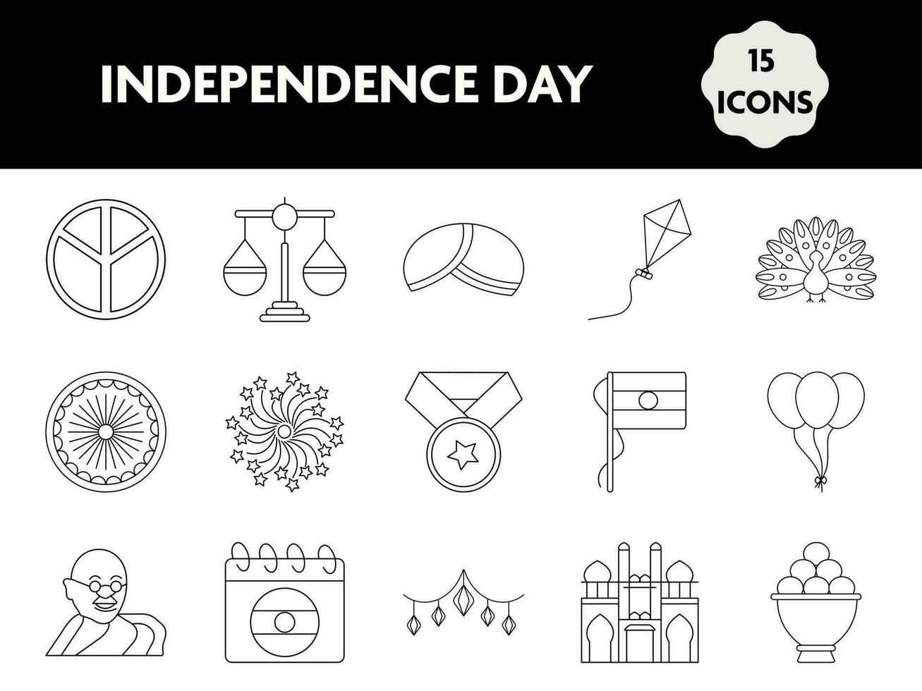 Illustration Of India Independence Day 15 Icon Set In Line Art. vector