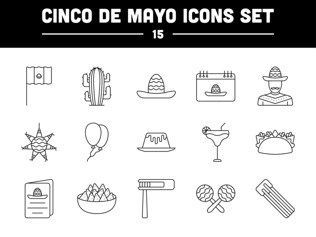 Black Line Art Set Of Cinco De Mayo Icons. vector