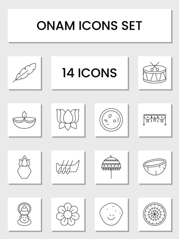 Illustration Of Black Linear Style Onam 14 Festival Icon Set Or Symbol. vector