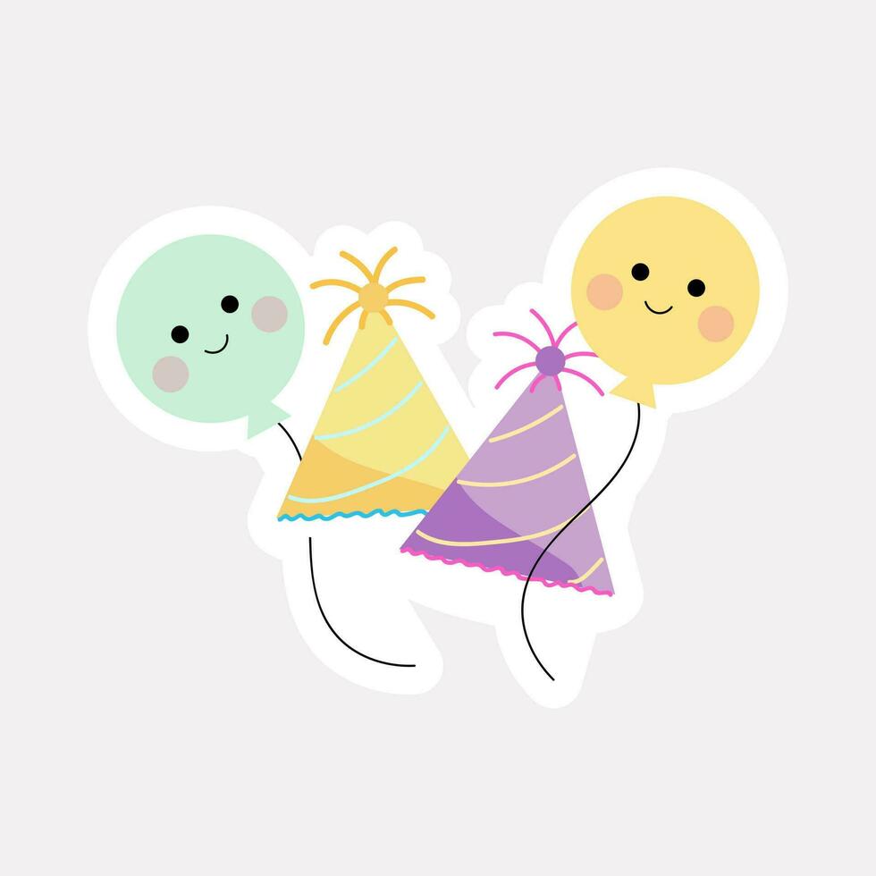 Cute Smiley Balloons And Party Hat Colorful Stickers. vector