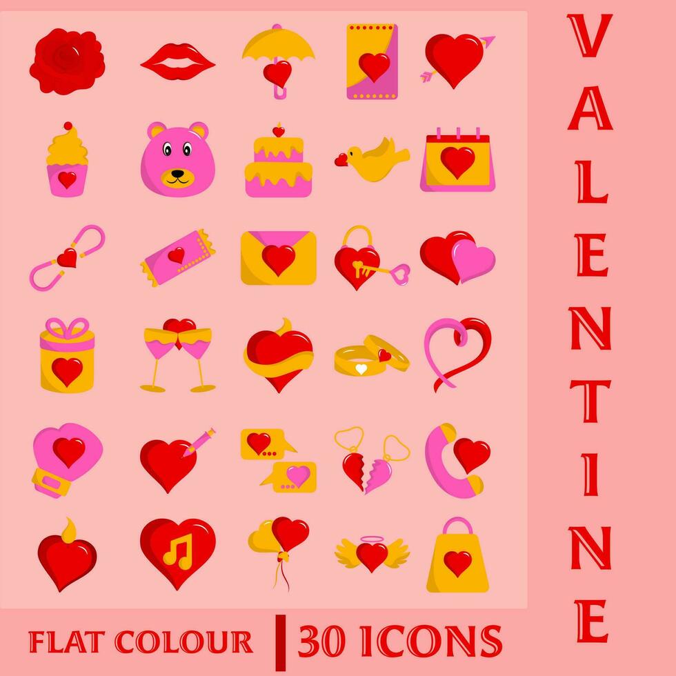 30 Valentine Icon Or Symbol Set On Pink Background. vector