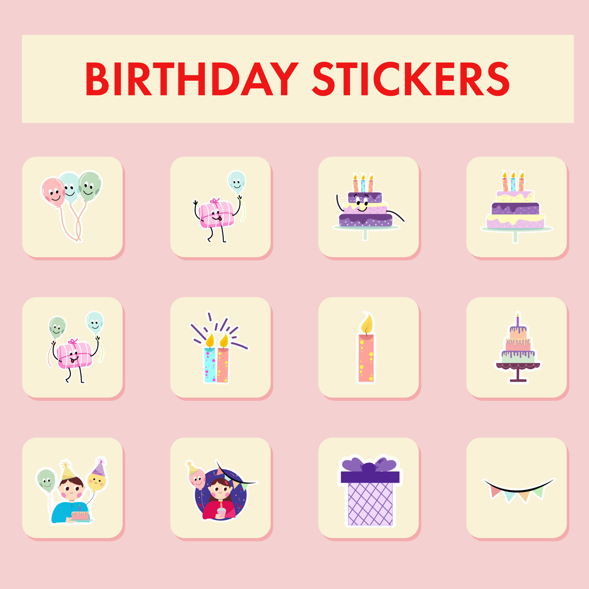 Happy Birthday Celebration Stickers Over Square Baby Pink Background
