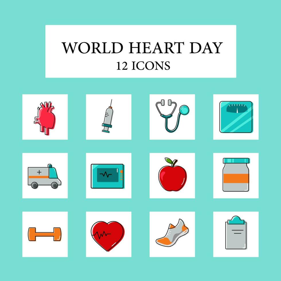 Flat Style World Heart Day Square Icon Set. vector