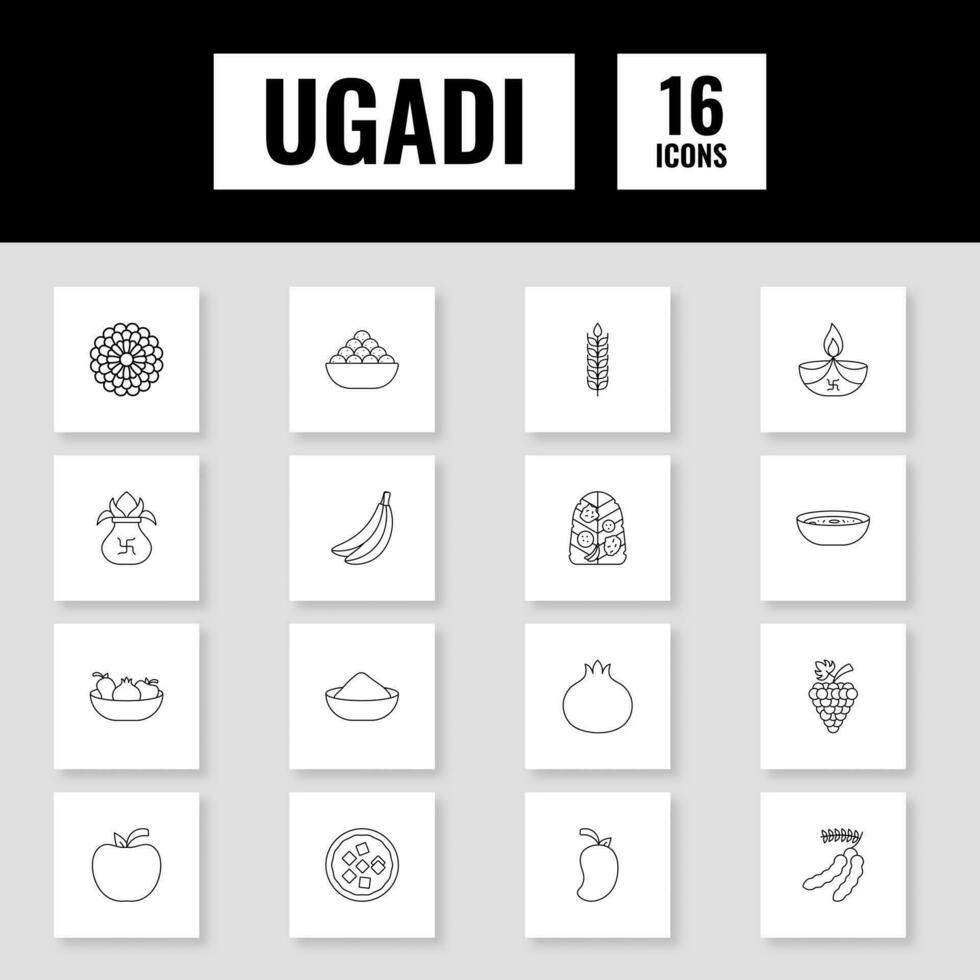 Black Linear Style Ugadi Festival Sqaure Icon Set. vector