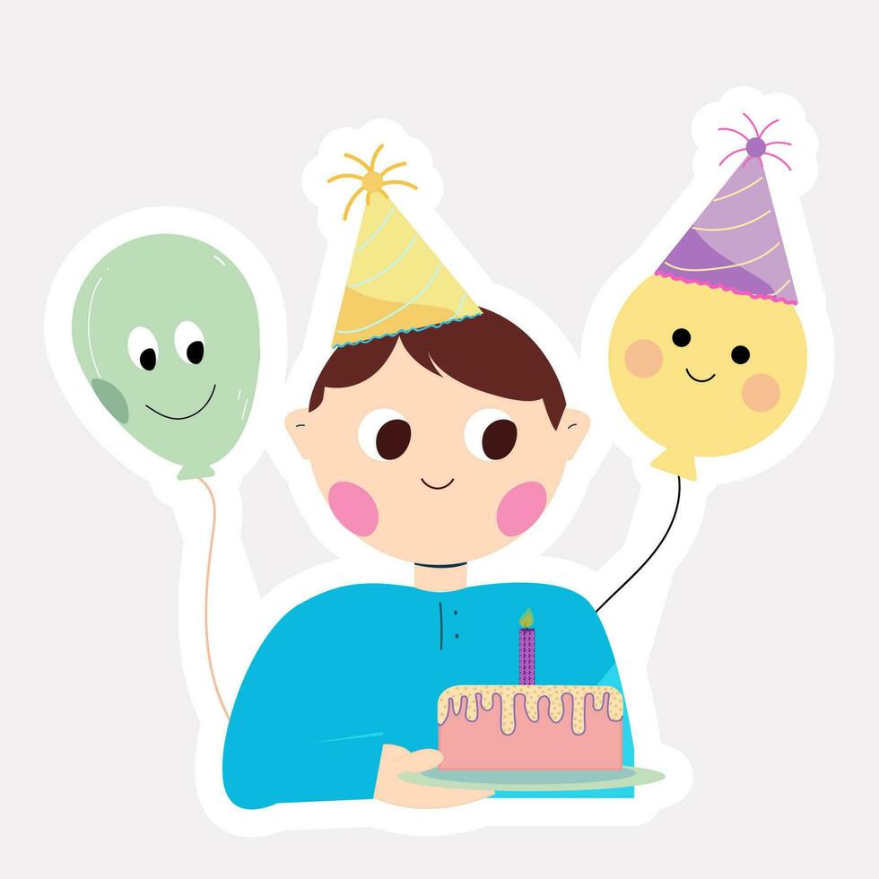 Party Hat Wearing Cute Boy Cartoon Holding Burning Candle Cake With Hat Wearing Balloons Sticker. vector