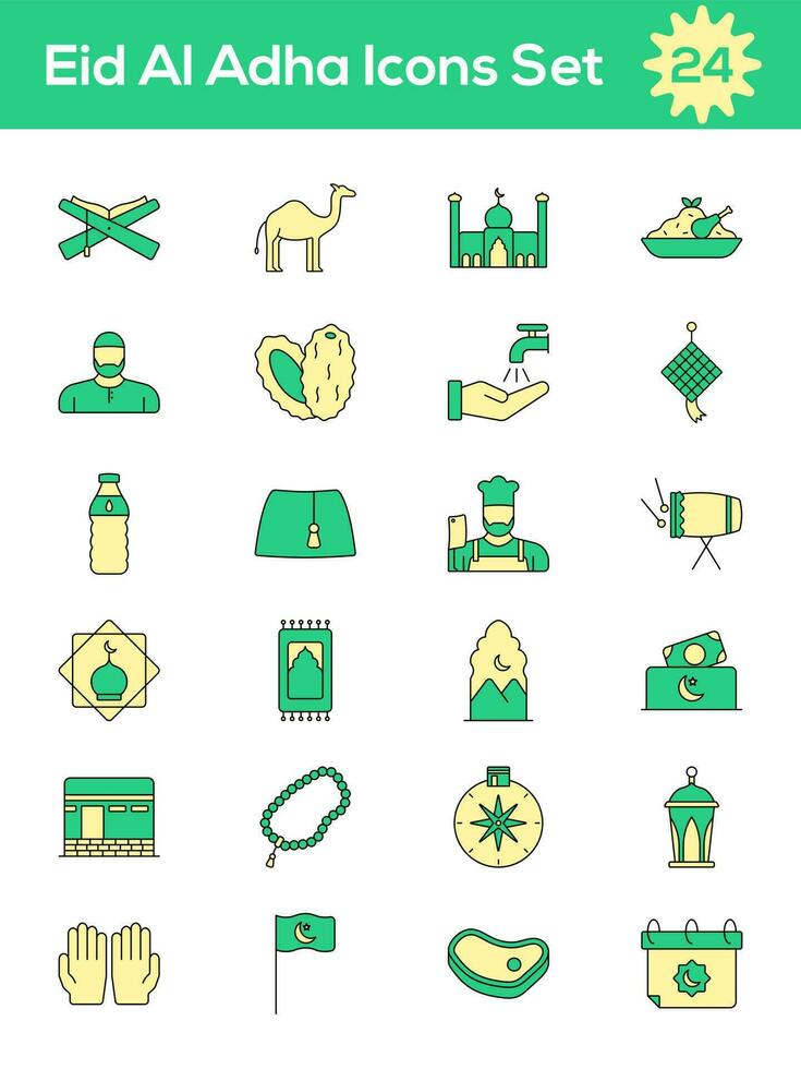 Green And Yellow Color Set of Eid Al Adha Icon In Flat Style. vector