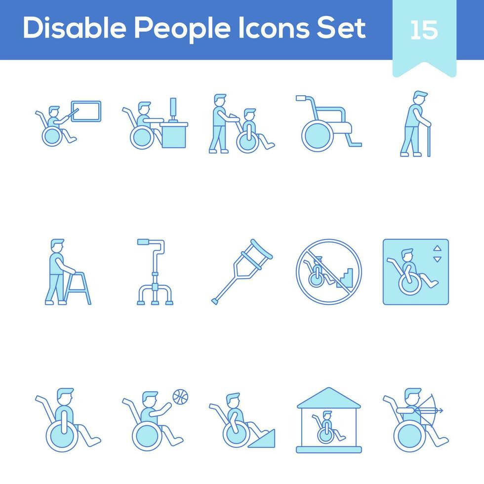 Blue And White Color Set of Disable People Icon In Flat Style. vector