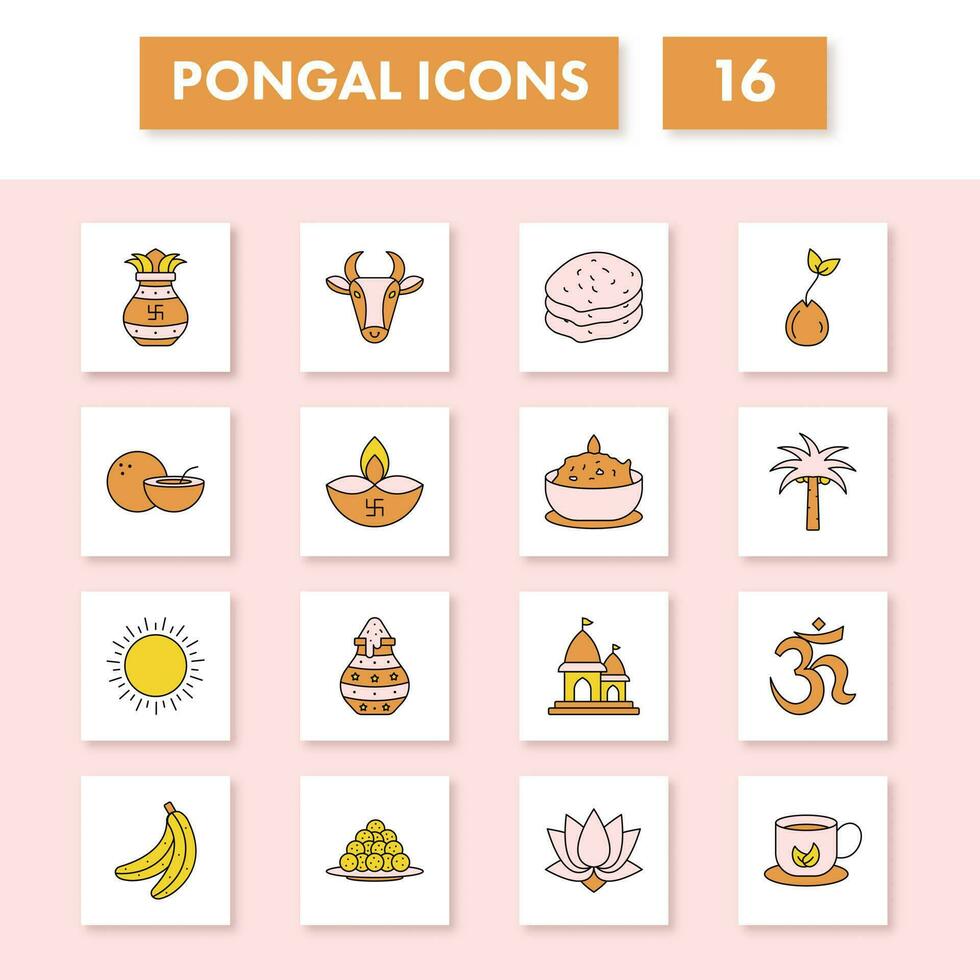 Yellow And Pink Color Set Of Pongal Festival Icon On Square Background. vector