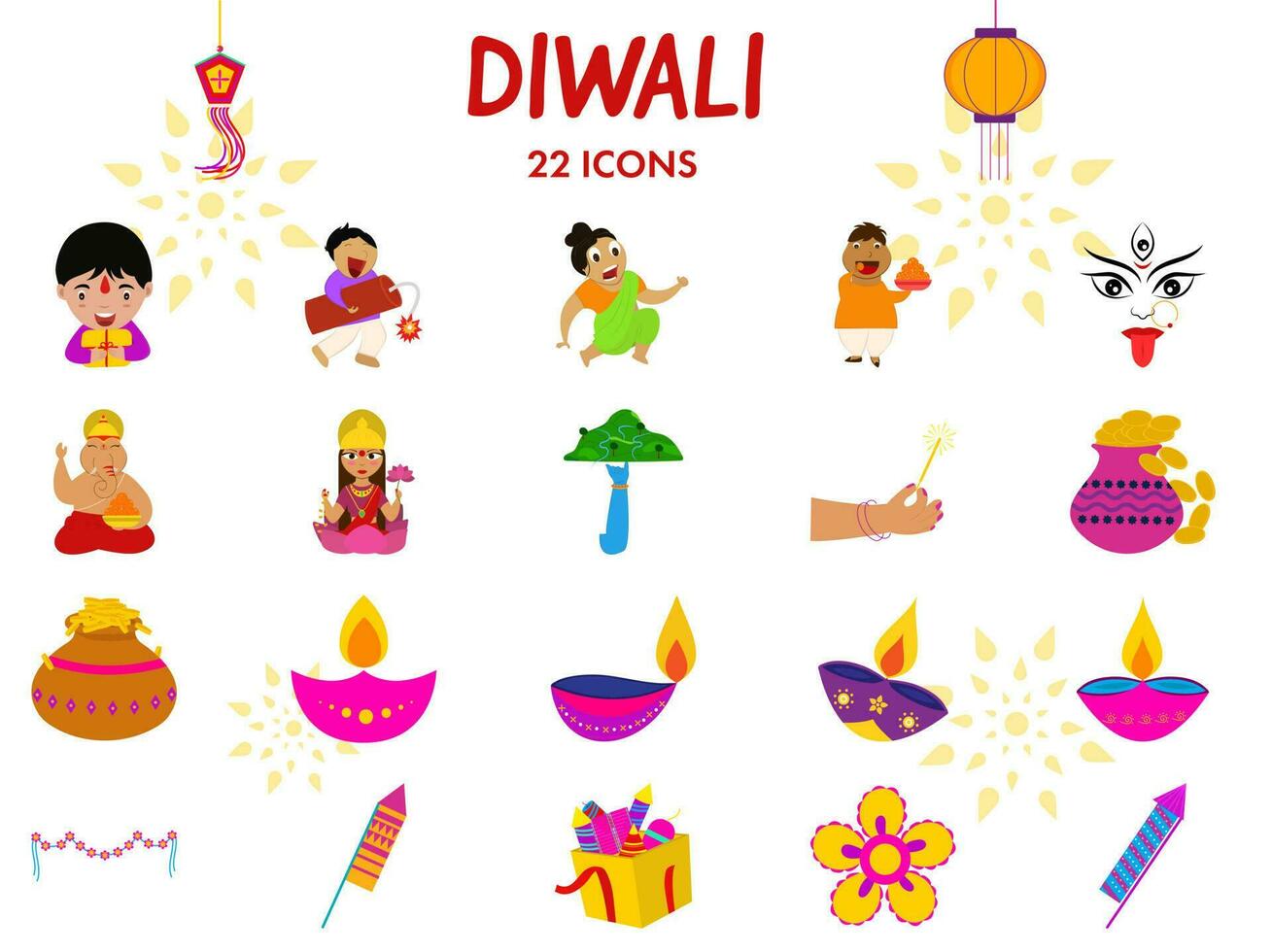 22 Diwali Icon Or Symbol Set In Flat Style. vector