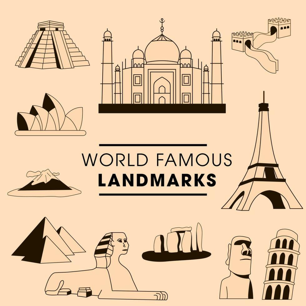 World Famous Landmark Icon Set In Peach And Brown Color. vector