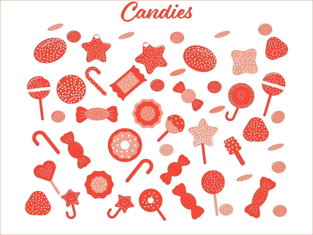 Red And White Color Set of Candies Icon In Flat Style. vector