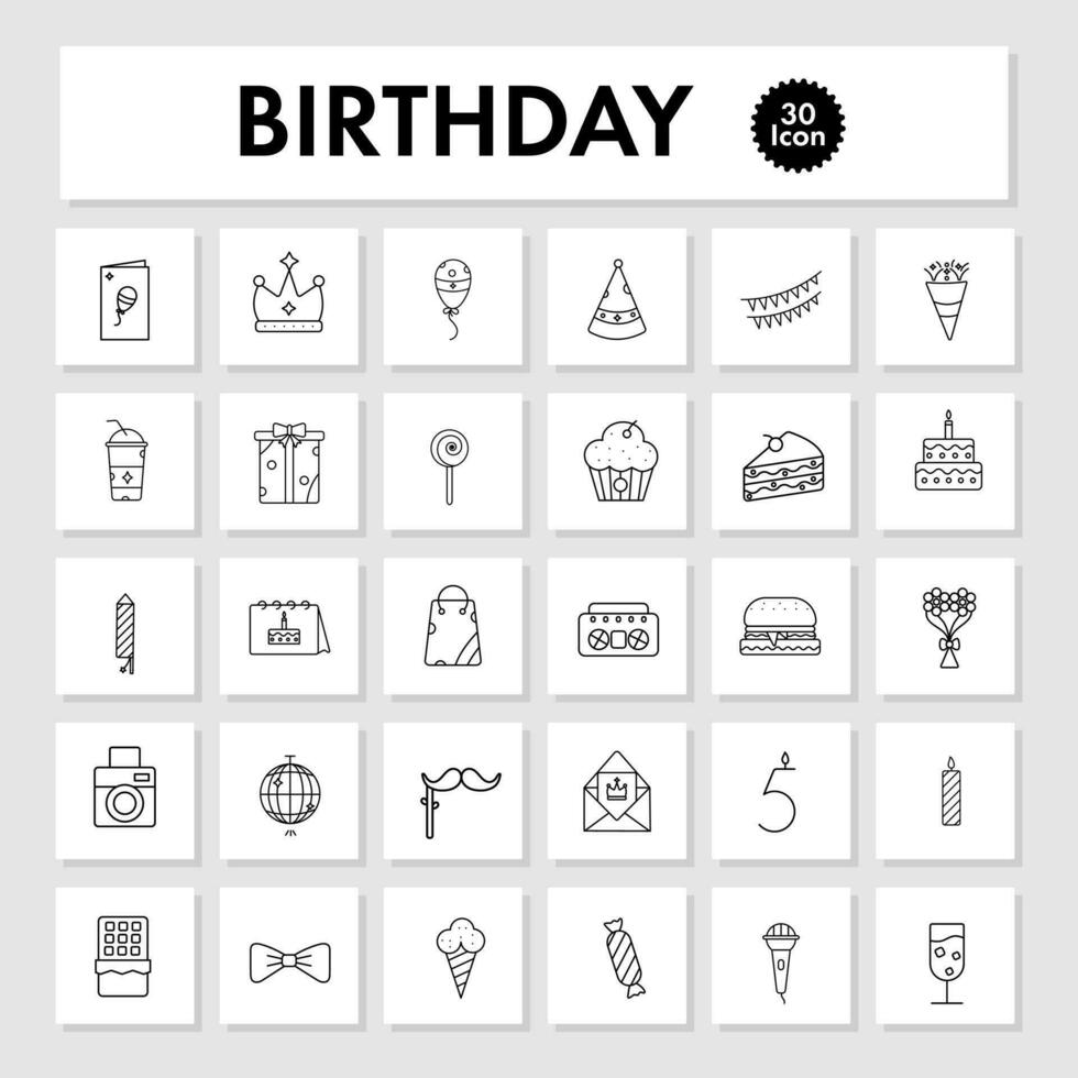 Set Of Birthday 30 Icons In Line Art. vector