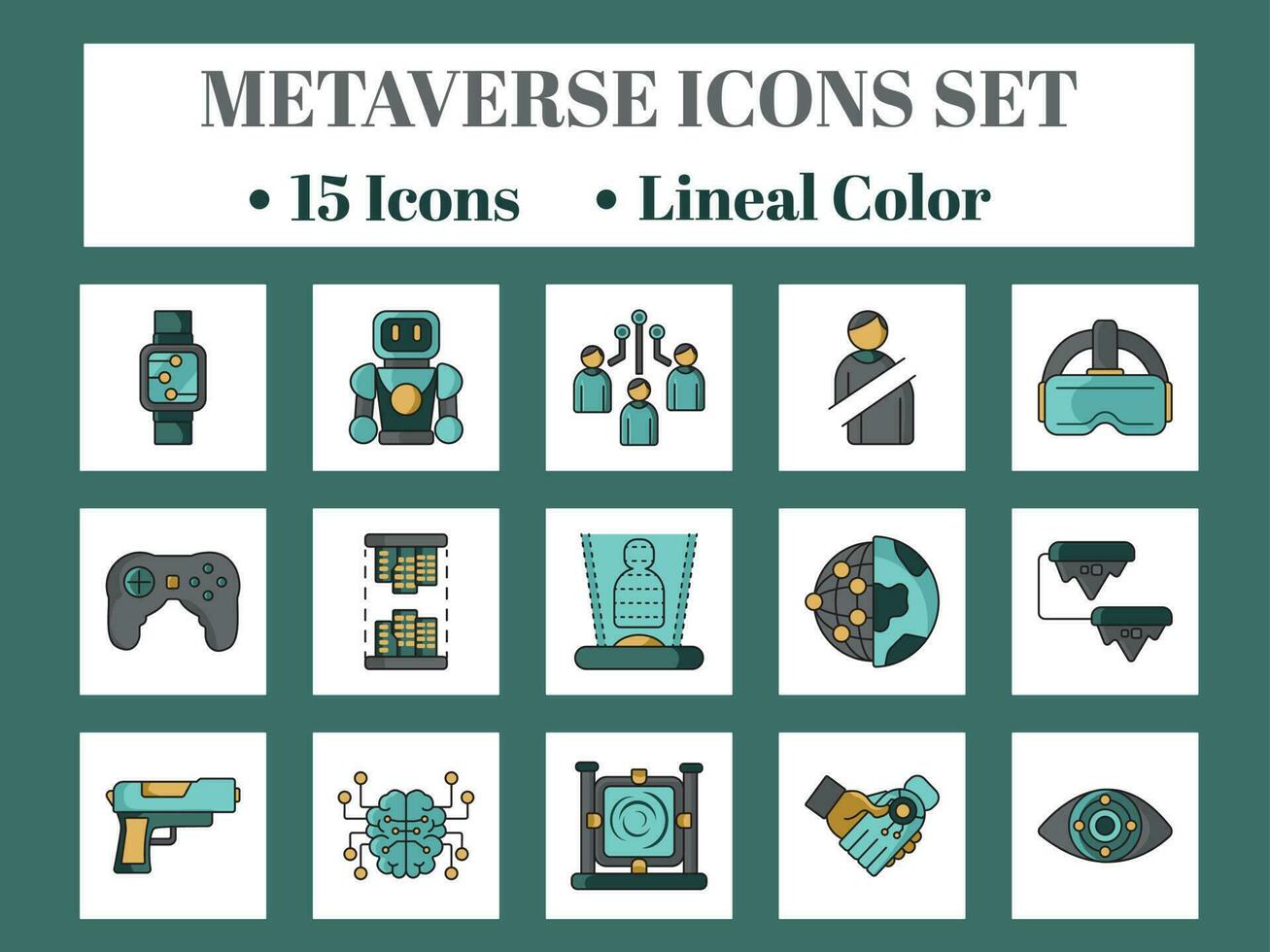 Flat Style Metaverse 15 Icon Set On White And Teal Square Background. vector