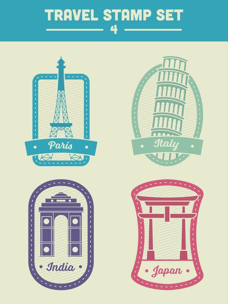 Four Country Travel Stamps With Monuments In Frame Collage. vector